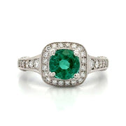 18K White Gold Vintage Halo Emerald and Diamond Ring